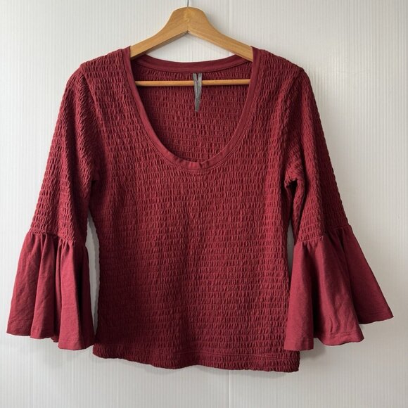 Anthropologie Smocked Bell Sleeve Top Shirt Blouse Wine Red Burgundy Sz Small - Picture 2 of 15